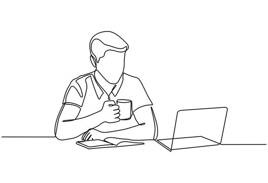 man drinking coffee at desk, line art clip art preview