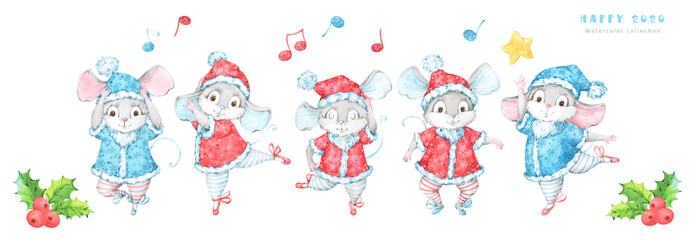 Cute and festive 2020 New Year and Christmas banner with five hand painted watercolor mice, rats, in red and blue costumes decorated with mistletoe, musical notes and a star