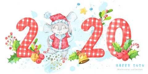 2020 New Year and Christmas illustration with large numbers and a cute little mouse, rat in a red costume with snowflake pattern on white and blue background. Perfect for banners and greeting cards