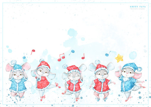 2020 New Year, Christmas greeting card with hand painted watercolor dancing ballet cartoon mice, rats in red and blue costumes with snowflake pattern on white background