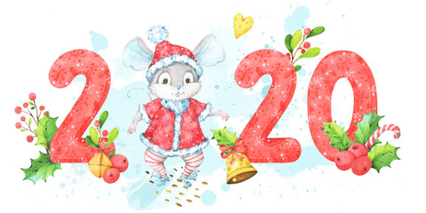 2020 New Year and Christmas banner with watercolor numbers with snowflake pattern and a cute dancing mouse, rat in a red costume on white and blue background, decorated with berries and mistletoe