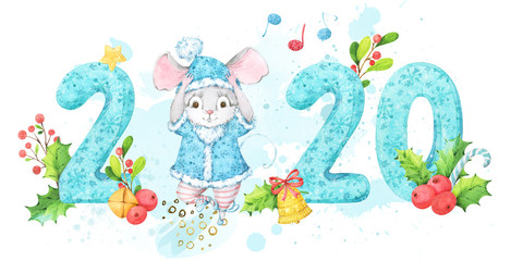 Horizontal 2020 New Year banner with turquoise hand painted patterned numbers and cute mouse, rat in blue costume. Background decorated with notes, leaves berries, branches, bells and mistletoe