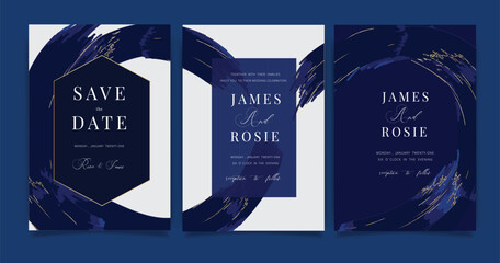 Navy Wedding invitation, RSVP, thank you cards. Vector elegant rustic template. Swirls of marble or the ripples of agate. Liquid marble texture and Golden metallic. Fluid art. 