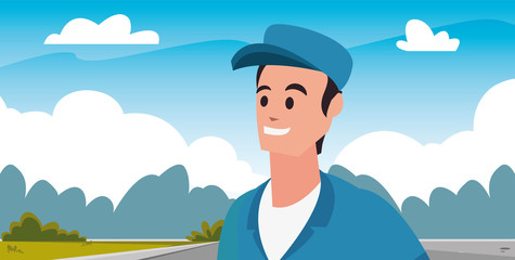 worker cleaning man in uniform and cap