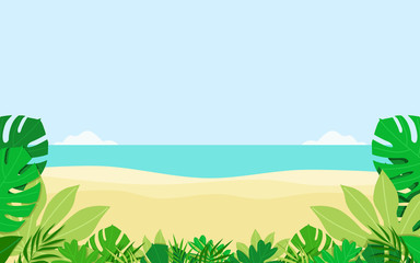 Fototapeta na wymiar Scene of green tropical leaves with beach and sea. Summer concept banner template. Flat design vector illustration.