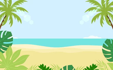 Fototapeten Scene of green tropical leaves with beach and sea. Summer concept banner template. Flat design vector illustration. © Nairat