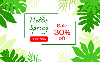 Frame of green tropical leaves. Spring sale concept banner template. Flat design vector illustration.