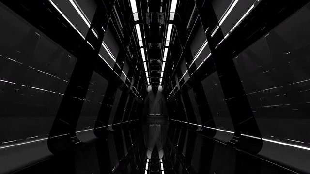 Realistic dark night spaceship sci-fi corridor. Animation of seamless loop, 3D Render.