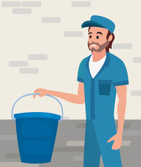 worker cleaning man bucket vector ilustration