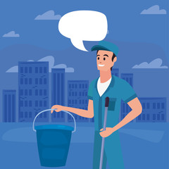 worker cleaning man bucket and mop