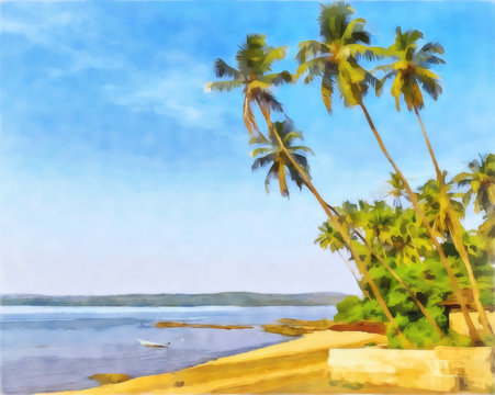 Watercolor seascape. Palm trees hanging over the water