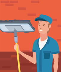 worker cleaning man broom vector ilustration