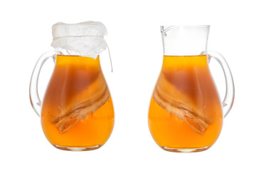 Homemade fermented drink Kombucha in a glass jugs. Isolated on white background