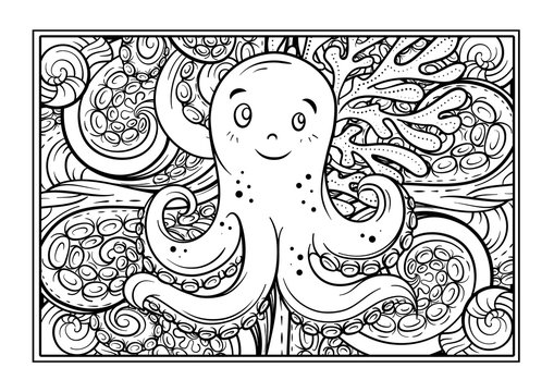 Vector sea creatures doodle background. Adult coloring page with undersea world. Cute octopus cartoon character.