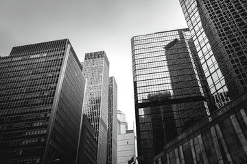Fototapeta premium Business buildings in Hong Kong; Low Angle View; Black and White style
