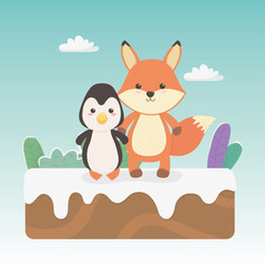 cute and little penguin and fox in the field