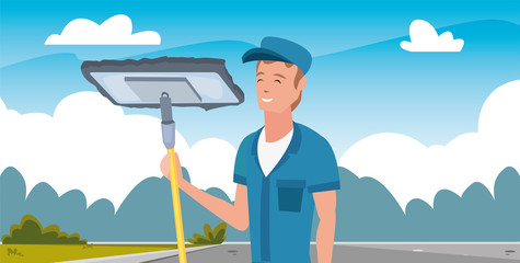 Obraz premium worker cleaning man mop vector ilustration