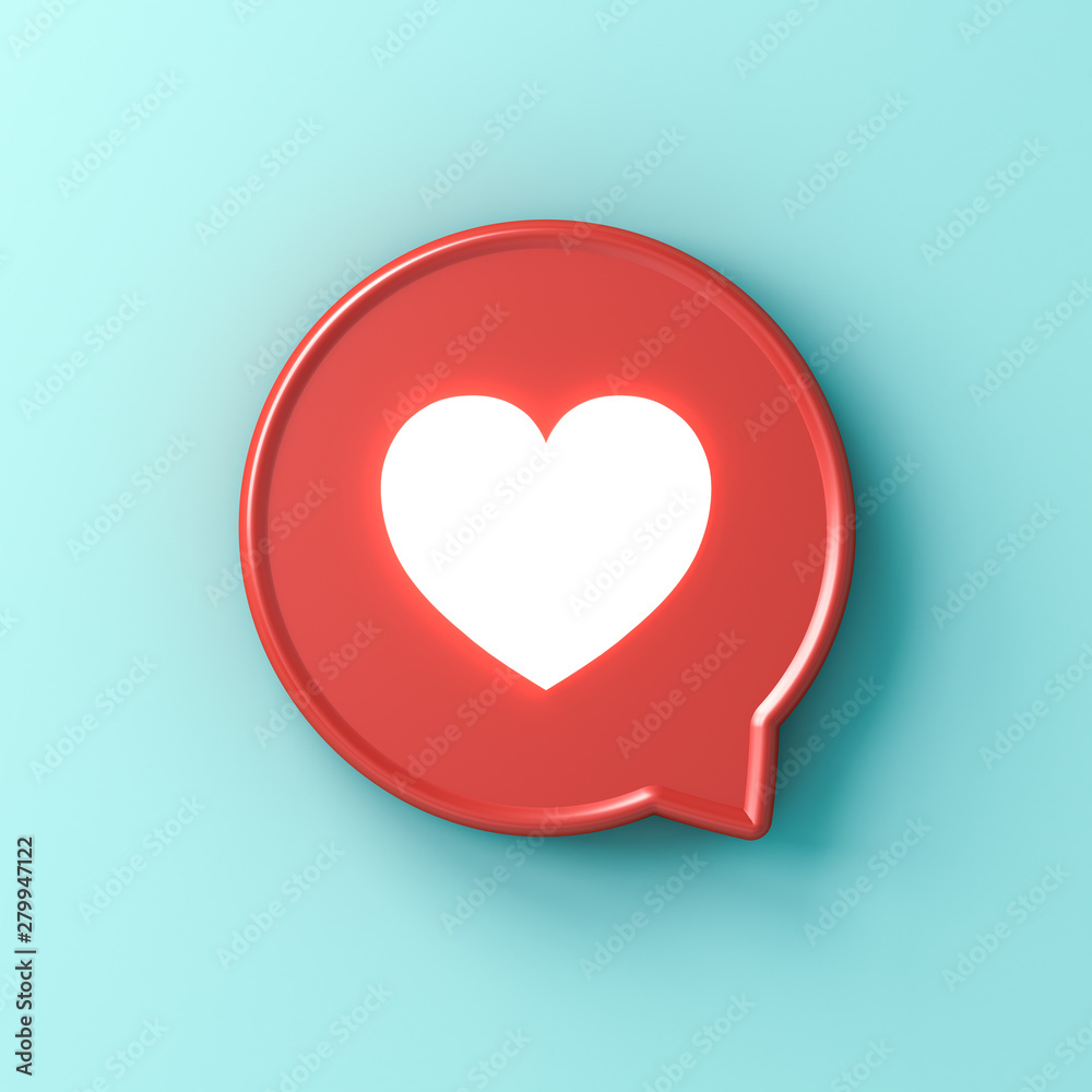 Poster 3d social media notification neon light love like heart icon in red rounded square pin isolated on l