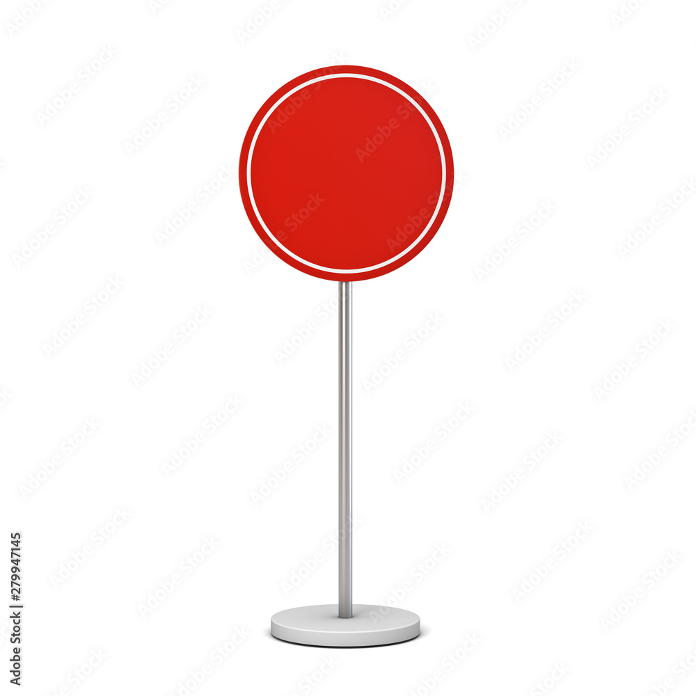 Aufkleber Blank red round sign with pole stand Blank mock up information signage board or advertising round billboard isolated on white background with shadow 3D rendering