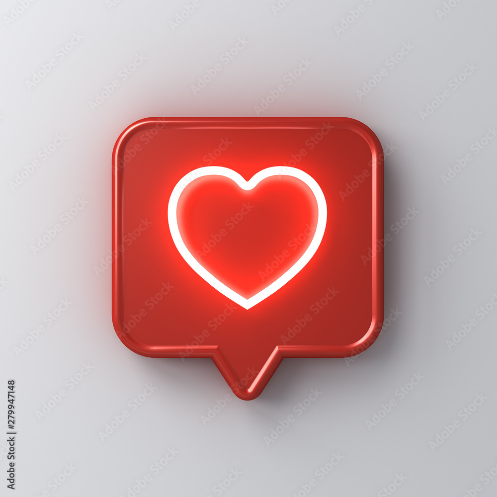 Wall mural 3d social media notification neon light love like heart icon in red rounded square pin isolated on w