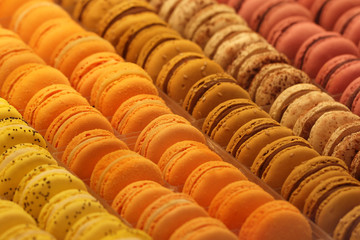 close-up French colorful macarons in Franch restaurant, decorated famous sweet homemade french dessert, group of dessert background