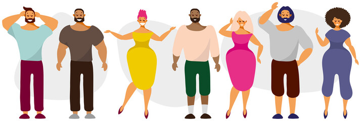 A set of simple characters, men and women of different nationalities, flat design. Illustration for postcards, business. artoon stock vector isolated on white background.