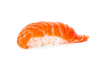 Salmon sushi on white background.