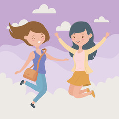 happy young women celebrating jumping in sky