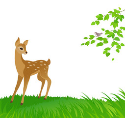 Cartoon drawing of a young deer, nature background
