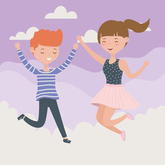 happy couple celebrating jumping in sky scene