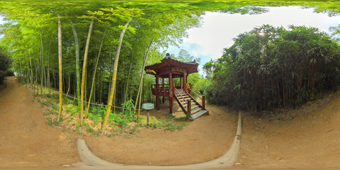 Damyang, South Korea - 24 July 2019 Juknokwon. 360 degrees spherical panorama of bamboo forest.