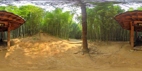 Damyang, South Korea - 24 July 2019 Juknokwon. 360 degrees spherical panorama of bamboo forest.