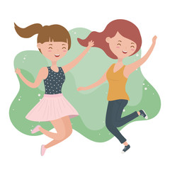 happy young women celebrating jumping characters