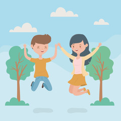 happy couple celebrating jumping in the forest scene