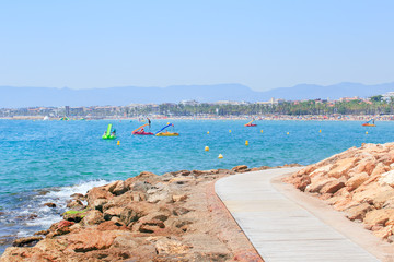 Panoramic View Of Coastline, Beach Of Salou, Spain. Spanish travel destination in summer.