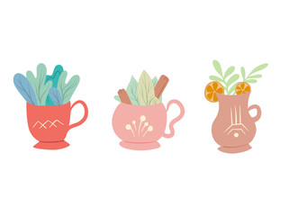 Set of flat illustrations of decorative cups of tea with foliage and various ingredients. Summer teas with cinnamon, mint, lemon and foliage. Magical vector kit for recipes, cards and your creativity