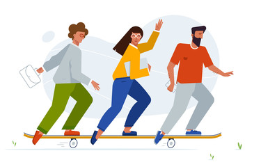 Team work. Scene vector illustration -people on skateboard. Flat design