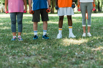 Fototapeta premium cropped view of multicultural pensioners in sportswear holding dumbbells while standing on grass