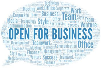 Open For Business word cloud. Collage made with text only.