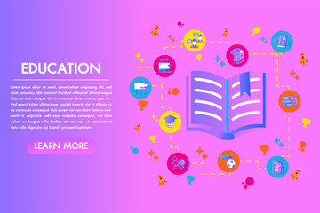 Education Flat colorful design.Open book with set elements knowledge icons.Science and Technology, icon background, Landing page concept.Linear web symbol for online university.