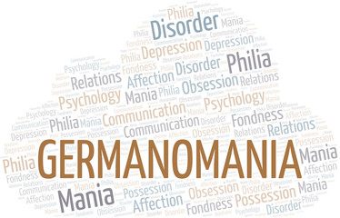 Germanomania word cloud. Type of mania, made with text only.
