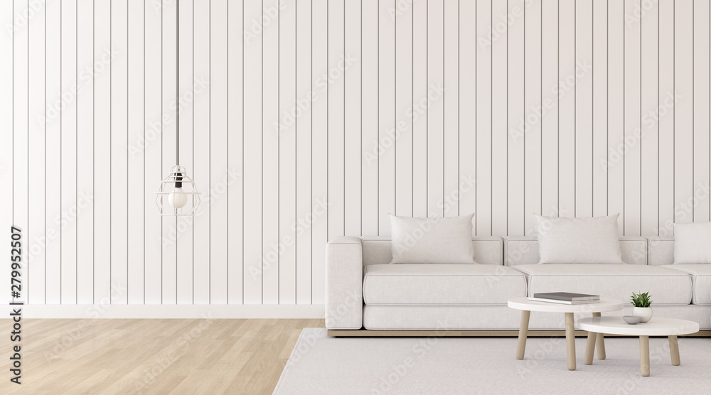 Poster View of white living room in minimal style with sofa and small side table on wood laminate floor.Perspective of Scandinavian interior with hanging lamp design. 3d rendering.	