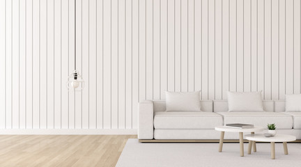 View of white living room in minimal style with sofa and small side table on wood laminate floor.Perspective of Scandinavian interior with hanging lamp design. 3d rendering.	