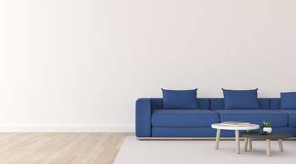 View of white living room in minimal style with deep blue fabric sofa and small side table on wood laminate floor.Perspective of Scandinavian interior with hanging lamp design. 3d rendering.	