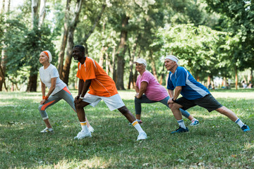 cheerful milticultural retired men and women stretching on grass in park