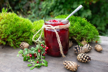autumn still life with red berries and green moss