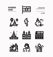 Myanmar  line icon set 1. Include flag, landmark, people, culture and more. Outline icons Design. vector