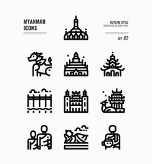Fototapeta na wymiar Myanmar line icon set 2. Include landmark, people, culture and more. Outline icons Design. vector