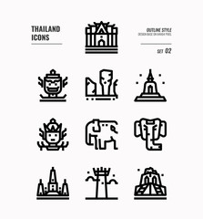 Fototapeta premium Thailand line icon set 2. Include landmark, sculpture, temple, pagoda, elephant and more. Outline icons Design. vector