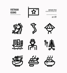 Fototapeta na wymiar Vietnam line icon set 1. Include flag, landmark, people, food and more. Outline icons Design. vector